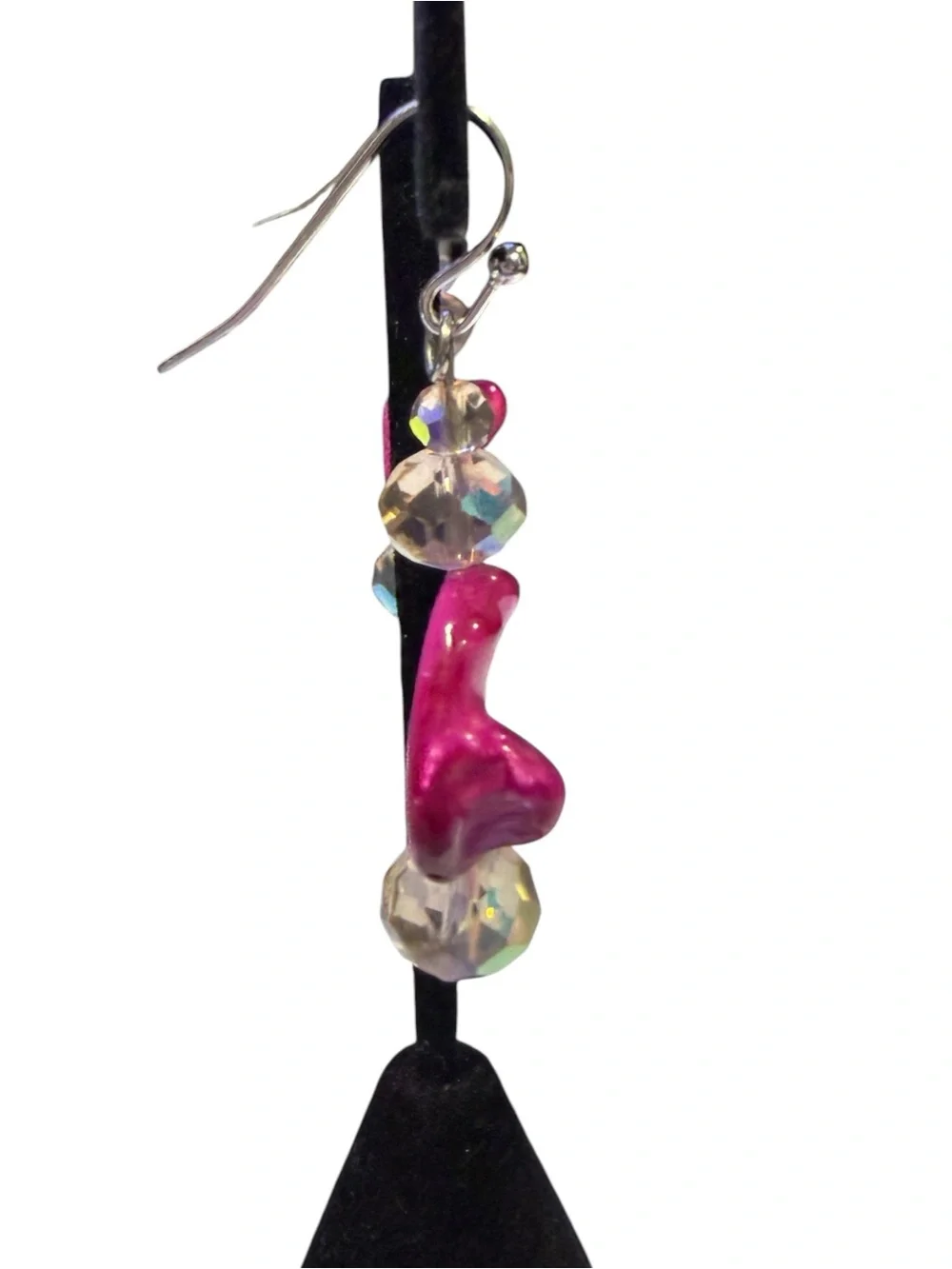 Handmade Fuchsia Mother of Pearl Wave Dangle Earrings Iridescent Crystal Mermaid